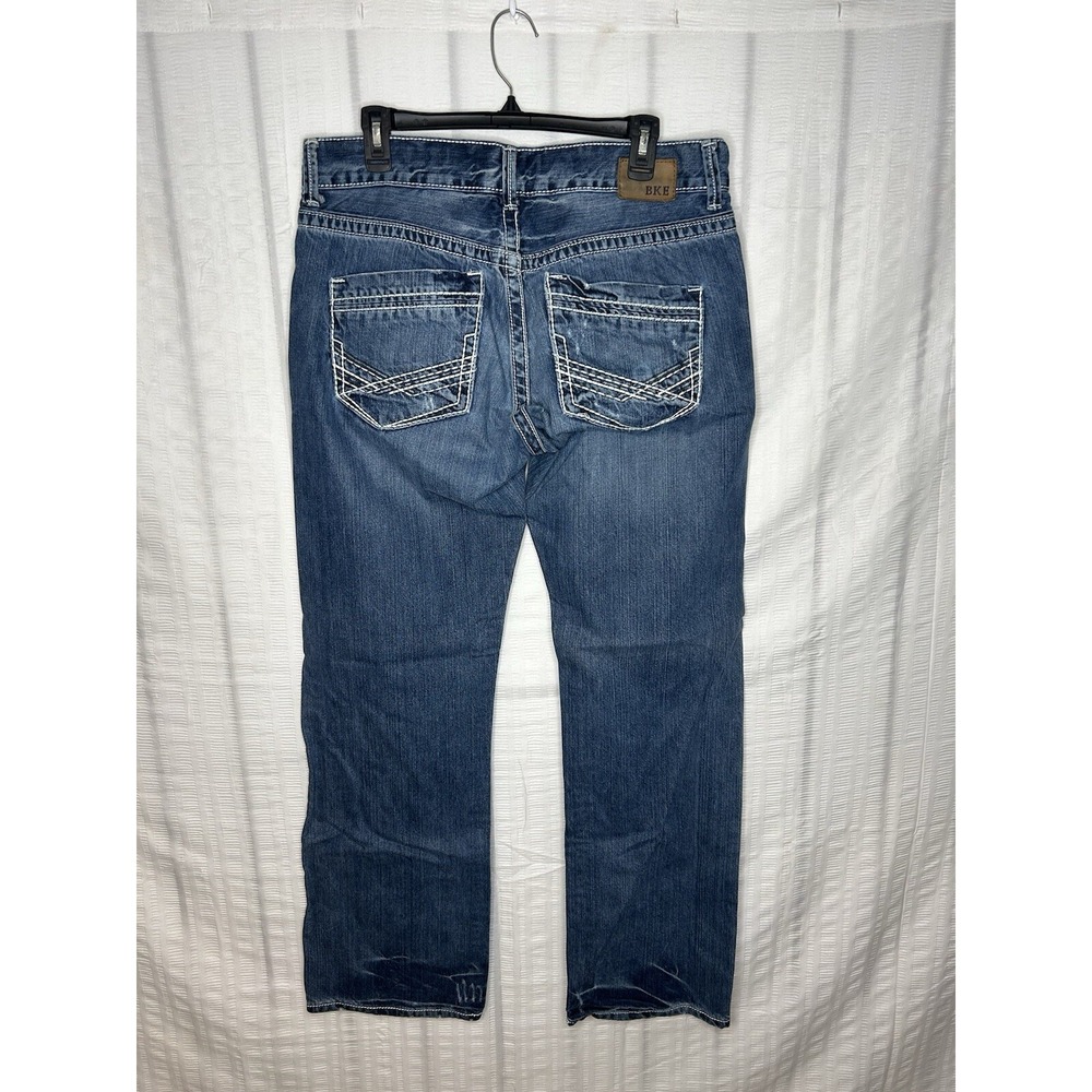 BKE Justin Jeans Mens 36x32 Straight Medium Wash Distressed Thick Stitch Denim